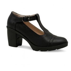 FA Black Chunky Heel T-Strap Shoes Black Mary Jane heels closed block toe SZ 6.5